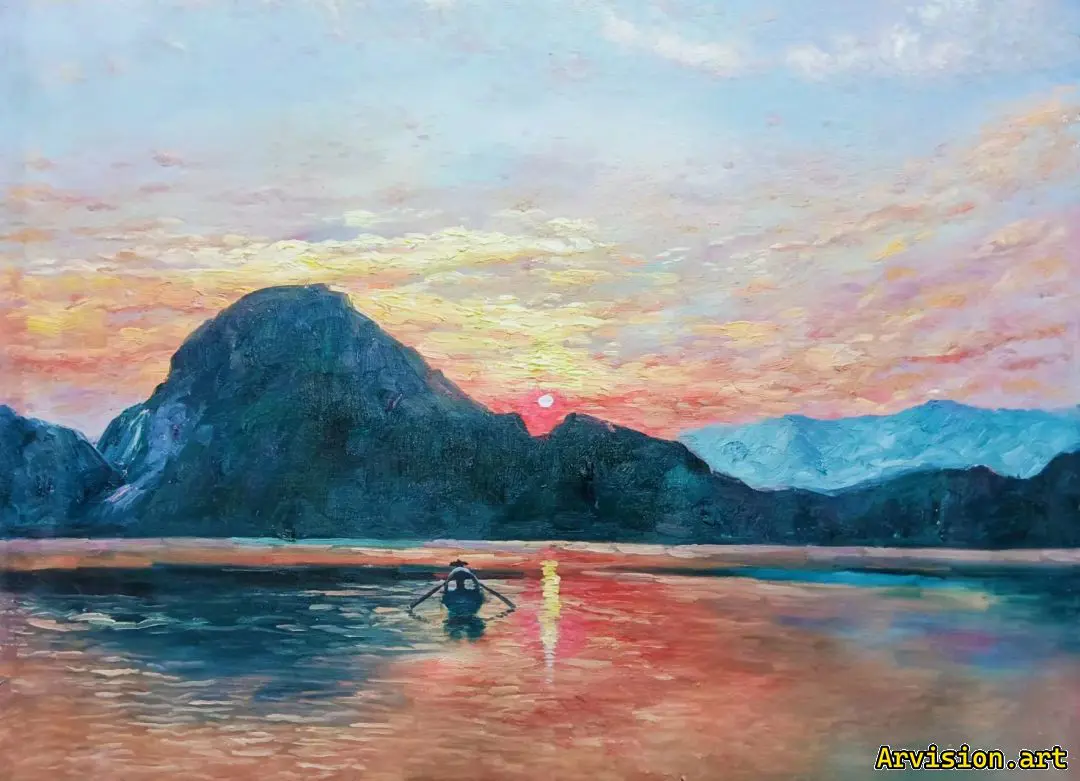 王琳油絵孤舟と夕焼け