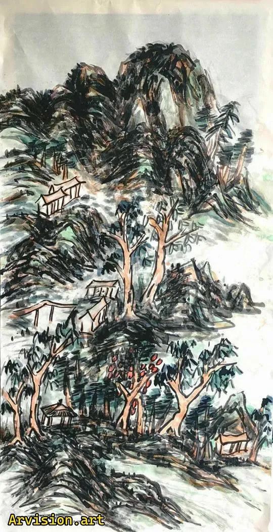 森の小屋水墨画 中国の水墨画